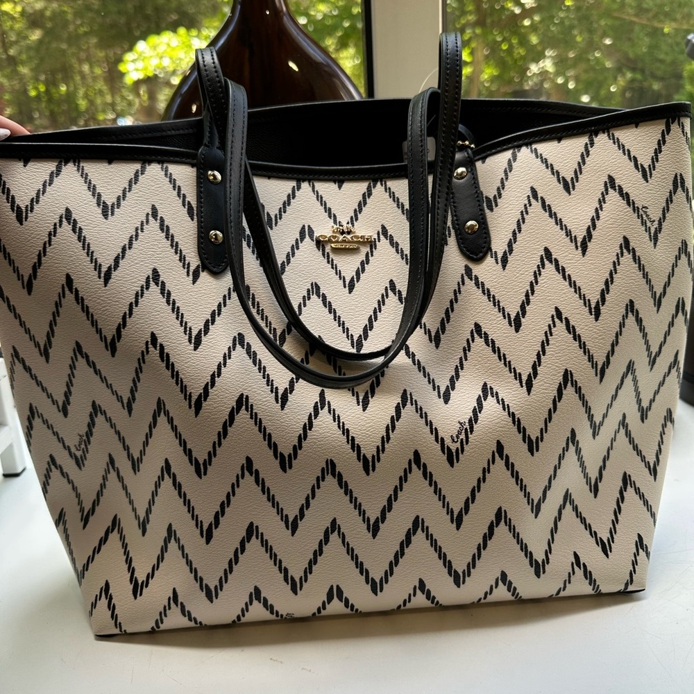 Coach Black and Cream Chevron Tote Bag